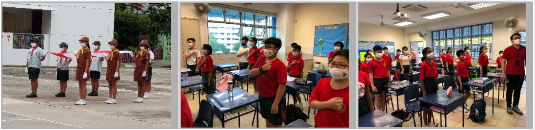Three panels show masked students in uniforms standing outdoors and in classrooms during a school activity.